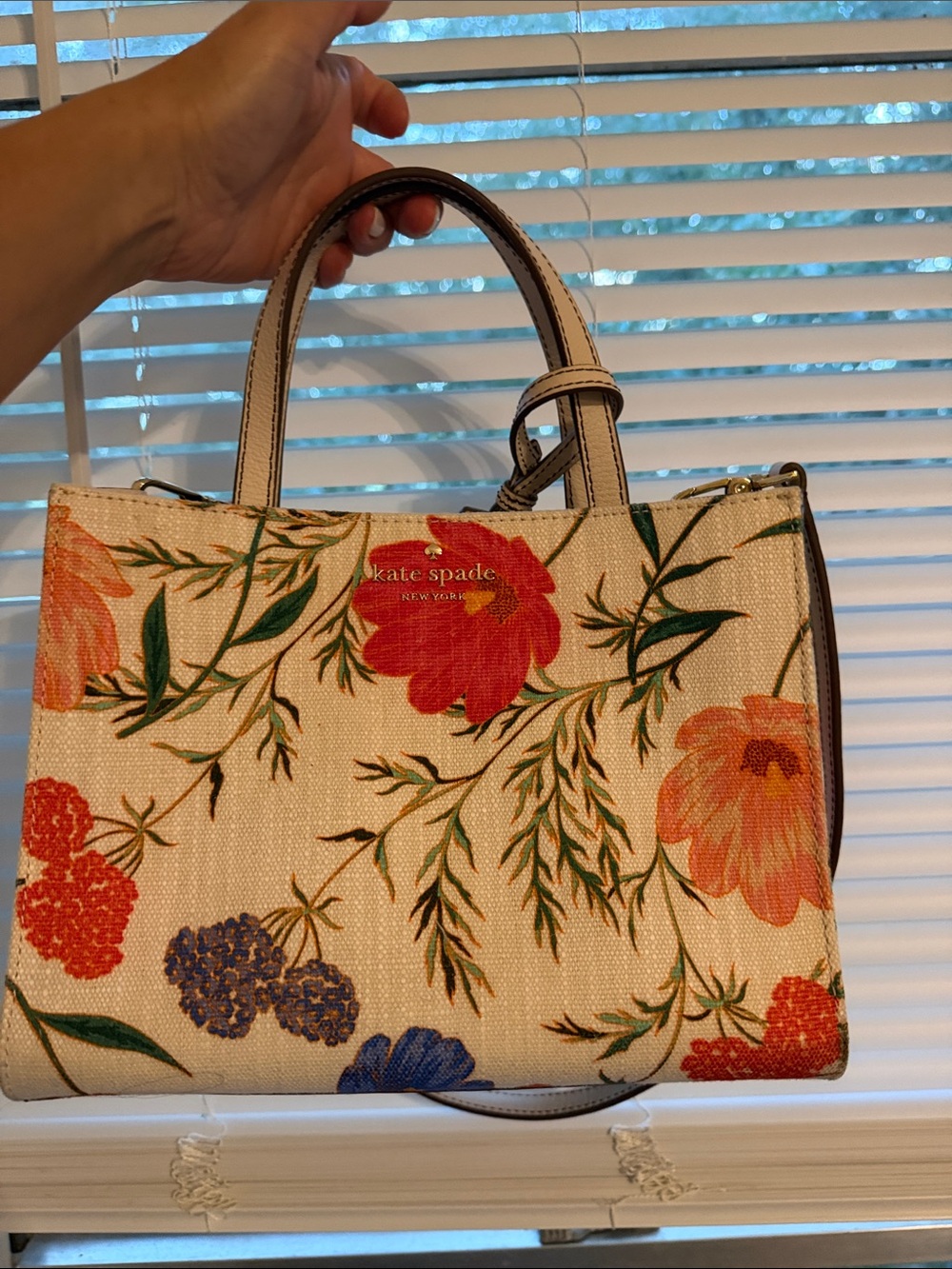kate spade Cream Floral Canvas Satchel with Red & Orange Blooms